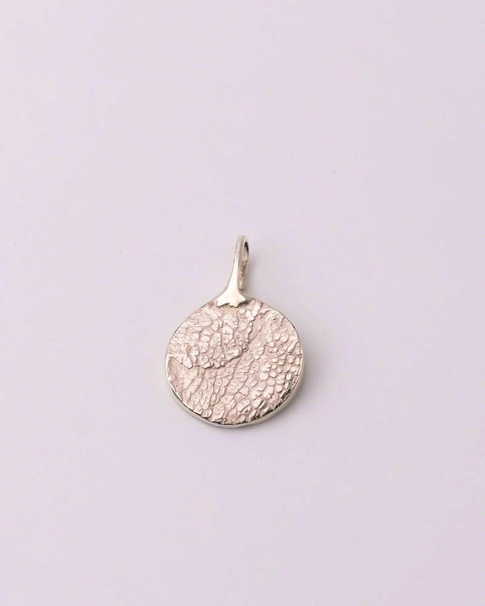 Pendentif rond en argent avec empreinte animale.
